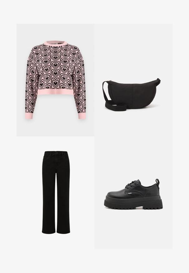 Lyserød cropped sweater med sort hjerteprint, ribbet rund halsudskæring og manchetter. Materialet ser blødt ud med en tekstureret overflade.; Sorte denim straight-leg jeans med høj talje, der har frontlommer, knaplukning og rene linjer uden pynt.; Buffalo PLUTO LACE UP - Snøresko - black; Sort skuldertaske med en rund silhuet. Lavet af tekstureret stof, med lynlåslukning og et vævet bånd. Enkel, minimalistisk design.