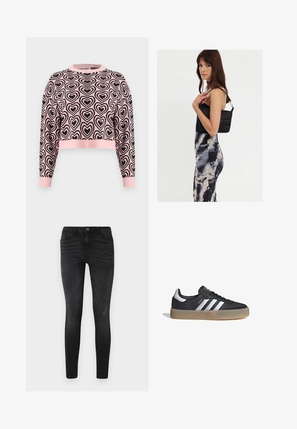 Suéter corto rosa con un patrón de corazones negros, cuello redondo acanalado y puños. El material parece suave con un acabado texturizado.; Jeans skinny negros hechos de denim, con una textura suave, un diseño ajustado y sutiles detalles desgastados cerca de las rodillas.; Zapatilla deportiva de cuero negro con tres rayas plateadas, punta texturizada y suela de goma. Cuenta con un collar acolchado y un diseño con cordones.; Bolso de hombro negro acolchado con una sola correa y herrajes plateados, combinado con un vestido ajustado de patrón tie-dye en tonos de negro y crema.