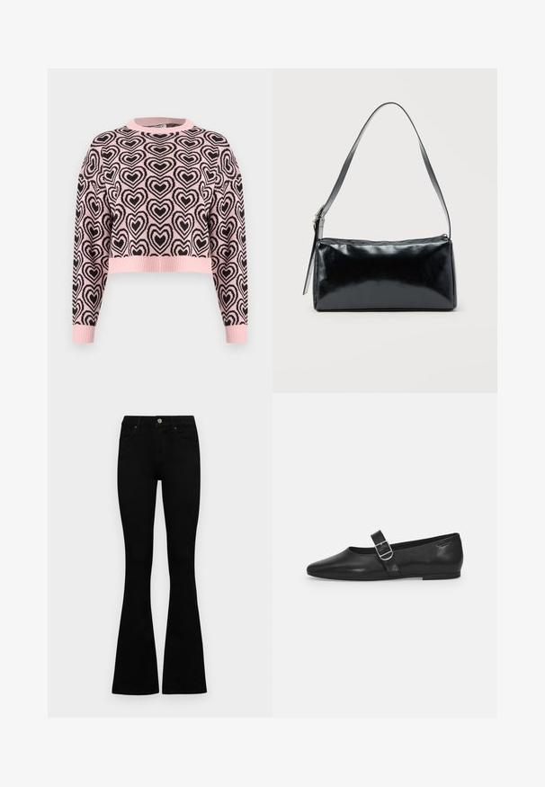 Lyserød cropped sweater med sort hjerteprint, ribbet rund halsudskæring og manchetter. Materialet ser blødt ud med en tekstureret overflade.; Sorte højtaljede jeans med knap- og lynlåslukning, forlommer og flagrende ben, lagt fladt på en hvid baggrund.; Sorte læder flade sko med rund tå, et enkelt justerbart spænde og en glat, blank overflade. Minimalistisk design med en lav hæl.; Sort rektangulær skuldertaske med en enkelt justerbar rem og lynlås i toppen på en ensfarvet baggrund.