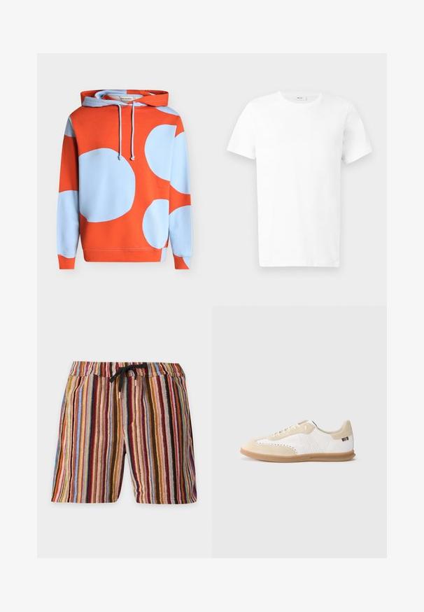 Sweat à capuche avec de grands motifs circulaires bleu clair sur fond orange vif et cordons au niveau du cou.; T-shirt en coton blanc uni à manches courtes avec col rond, présenté à plat sur un fond gris clair.; Shorts longueur genou avec des rayures verticales multicolores dans des tons de rouge, bleu, marron et rose, avec une taille élastique et un cordon noir.; Baskets blanches avec accents en daim beige clair, détails perforés, lacets plats et semelle en caoutchouc naturel. Présentent un logo rayé sur le talon.
