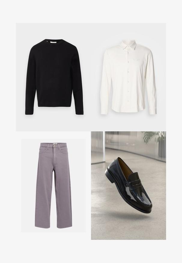 Sort striktrøje med rund halsudskæring, lange ærmer og en afslappet pasform. Glat tekstur, minimalistisk design, ingen mønstre eller pynt.; Langærmet hvid skjorte lavet af blødt stof med knappet krave og broderet logo på brystet. Glat tekstur, klassisk design.; Lige-lige lavendelgrå jeans med front- og baglommer, bæltestropper og knaplukning ved taljen.; Sorte patentlæder loafer med en syet detalje, rund tå, lav hæl og glat overflade, præsenteret mod en neutral baggrund.
