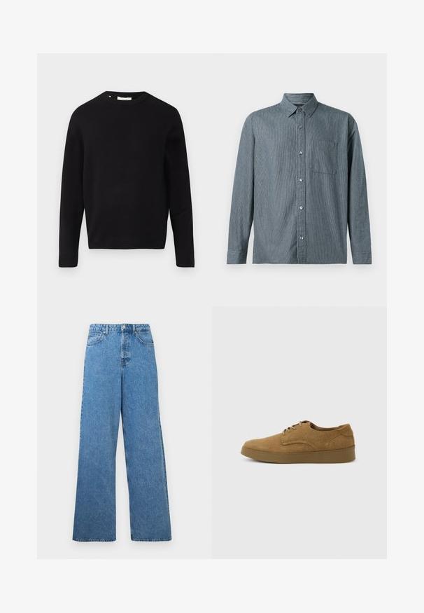 Čierny pletený sveter s okrúhlym výstrihom, dlhými rukávmi a voľným strihom. Hladká textúra, minimalistický dizajn, bez vzorov alebo ozdôb.; Abercrombie & Fitch CROPPED CURVED HEM - Košeľa - dark blue; Modré džínsové nohavice s vysokým pásom a širokými nohavicami, s predným gombíkom, zipsovým zapínaním, pútkami na opasok a vreckami vpredu aj vzadu.; Hnedá semišová ležérna obuv na šnurovanie s plochou gumovou podrážkou, zobrazená z boku na jednoduchom svetlom pozadí.