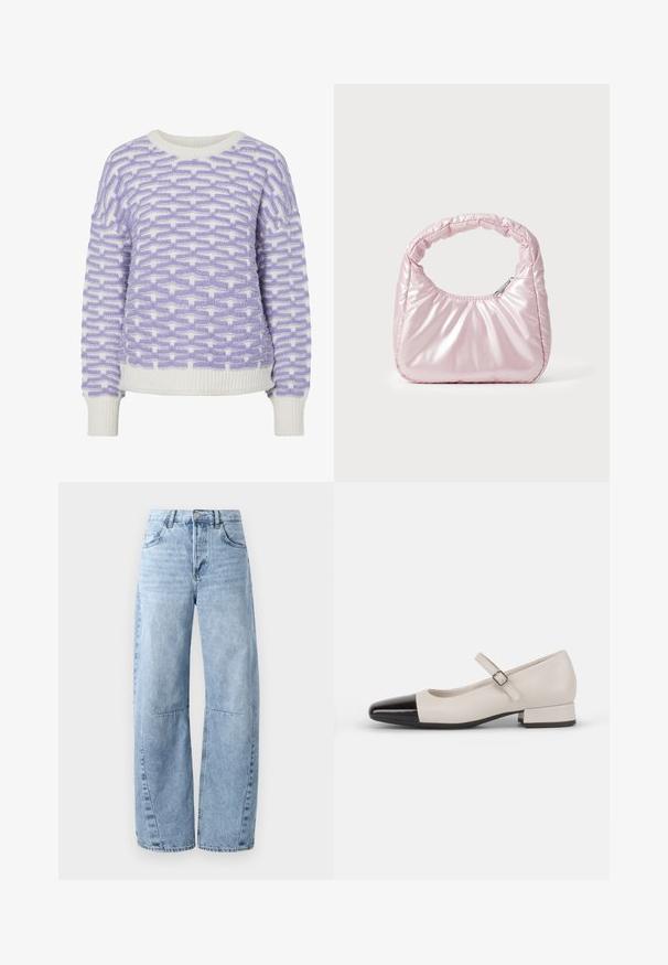 Pull en tricot blanc avec un motif tissé violet. Encolure et poignets côtelés. Forme boxy avec une finition texturée.; Jeans en denim bleu clair à jambes larges, dotés d'une taille haute, de cinq poches et d'un léger dégradé. Les jambes présentent des coutures et des seams visibles.; Chaussure de style Mary Jane en cuir crème avec un bout en vernis noir. Présente un bout rond, une sangle de cheville avec une boucle carrée et un petit talon carré.; Sac à main rose rembourré avec un design arrondi, fabriqué à partir d'un matériau brillant. Dispose d'une poignée froncée et d'une fermeture éclair pour un accès sécurisé.