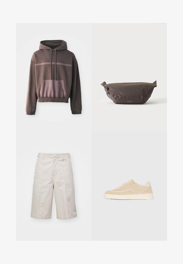Haut à manches courtes, surdimensionné, de couleur marron foncé avec une bande dégradée de marron clair, poche à l'avant et capuche avec cordon de serrage. Tissu en mélange de coton doux.; Shorts en coton beige avec une coupe droite, longueur genoux, dotés de deux poches frontales et de plis subtils pour une texture supplémentaire.; Baskets en daim beige avec semelle et lacets blancs, design basse, et motif de semelle en zigzag.; Sac banane en tissu marron foncé avec poche zippée en diagonale et petit logo blanc sur le devant, sur un fond clair uni.