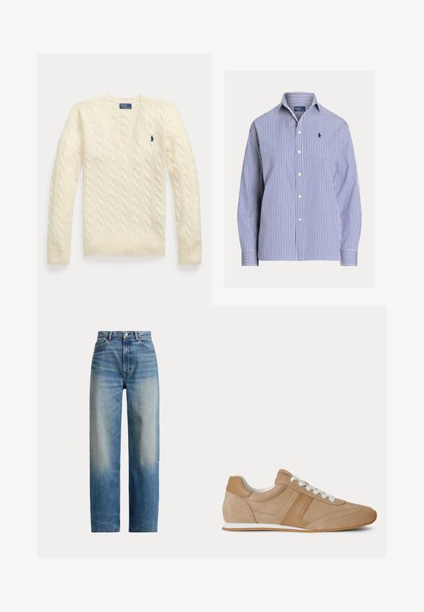 Pull torsadé couleur crème avec manches longues, col en V et petit logo brodé bleu foncé sur le côté gauche de la poitrine.; Chemise à manches longues à rayures verticales bleues et blanches, avec col et petit logo brodé sur la poitrine gauche.; Jean taille haute à jambes droites bleu avec devant délavé et design classique à cinq poches, fermeture par bouton et zip.; Baskets basses en suède et cuir marron clair avec lacets blancs et semelle en caoutchouc blanc vues de profil sur fond blanc.