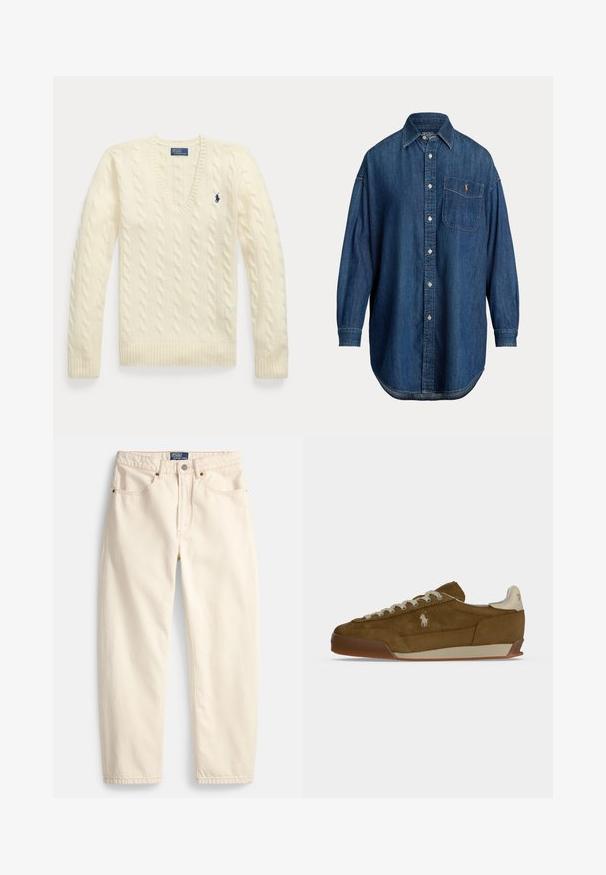 Flødefarvet kabelstrikket sweater med lange ærmer, V-hals og lille mørkeblå broderet logo på venstre bryst.; Langærmet blå denim knap-op skjorte med brystlomme med lille broderet logo og klassisk krave.; Jeans i cremefarve lavet af denim med lige ben, forlommer og detaljer med overlock-syning. Lukning med metalknap og lynlås.; Brun ruskind sneaker med cremefarvede snørebånd, tyk sål og et lille hvidt broderet logo på siden.
