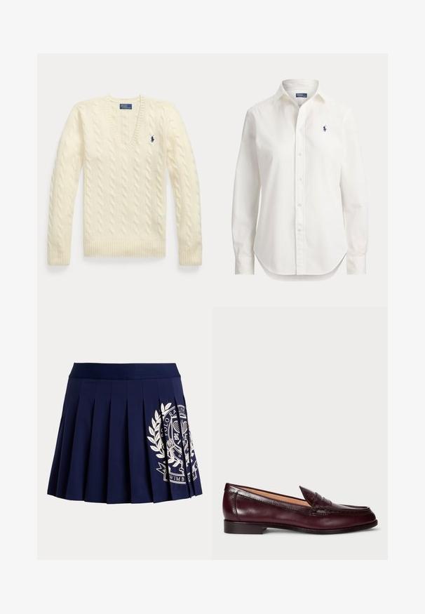 Pull torsadé couleur crème avec manches longues, col en V et petit logo brodé bleu foncé sur le côté gauche de la poitrine.; Chemise blanche à manches longues avec boutons, col et petit logo bleu d’un joueur de polo sur la poitrine gauche.; Jupe plissée bleu marine avec une large ceinture et un logo blanc à thème tennis sur le bas à droite.; Mocassins en cuir bordeaux avec une finition lisse, un bout arrondi, des coutures décoratives et un talon bas. L'intérieur est doté d'une douce doublure beige.