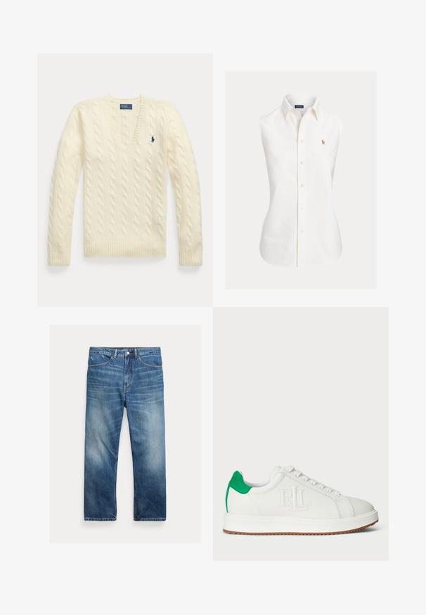 Jersey de punto grueso color crema con mangas largas, cuello en V y pequeño logo bordado en azul oscuro en el lado izquierdo del pecho.; Camisa blanca sin mangas de algodón, con cuello puntiagudo, abotonadura frontal y un pequeño logo bordado en el lado izquierdo.; Vaqueros de denim azul lavado con corte de pierna recta, bolsillos delanteros, trabillas para cinturón y detalles descoloridos en los muslos y las rodillas.; Zapatilla baja blanca con lengüeta de ante verde en el talón, logo "RL" bordado en el lateral, cordones blancos y suela acanalada marrón.
