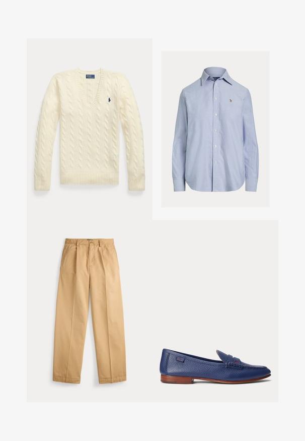 Jersey de punto grueso color crema con mangas largas, cuello en V y pequeño logo bordado en azul oscuro en el lado izquierdo del pecho.; Camisa azul clara de manga larga con botones, cuello puntiagudo y pequeño logo bordado en el pecho izquierdo.; Pantalones beige de pierna recta con cierre de botón y cremallera, bolsillos delanteros, trabillas para cinturón y pliegues prensados a lo largo de las piernas.; Mocasín de cuero azul texturizado con tacón bajo de madera marrón y detalles cosidos, visto de lado sobre un fondo liso.