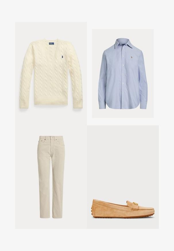 Jersey de punto grueso color crema con mangas largas, cuello en V y pequeño logo bordado en azul oscuro en el lado izquierdo del pecho.; Camisa azul clara de manga larga con botones, cuello puntiagudo y pequeño logo bordado en el pecho izquierdo.; Pantalones de pana beige de corte recto con trabillas para cinturón, botón delantero, cremallera y bolsillos delanteros.; Mocasines de ante en tono beige con punta redondeada, que presentan una correa de acentuación en tono dorado y suela de goma con tachuelas para mayor tracción. Textura suave.