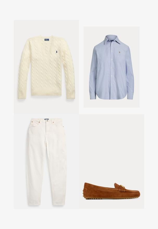 Jersey de punto grueso color crema con mangas largas, cuello en V y pequeño logo bordado en azul oscuro en el lado izquierdo del pecho.; Camisa azul clara de manga larga con botones, cuello puntiagudo y pequeño logo bordado en el pecho izquierdo.; Vaqueros blancos de tiro alto y pierna recta con botón y cremallera delanteros, diseño de cinco bolsillos y etiqueta de la marca Polo en la cintura.; Zapato mocasín marrón de ante con detalle de hebilla dorada y suela de goma con textura de piedrecillas, visto de lado sobre un fondo liso.