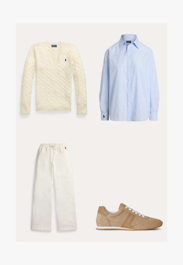 Pull torsadé couleur crème avec manches longues, col en V et petit logo brodé bleu foncé sur le côté gauche de la poitrine.; Chemise bleu clair à manches longues avec boutons, col pointu et logo brodé sur le poignet gauche, présentée sur fond blanc.; Pantalon de survêtement blanc à jambes larges avec taille élastique, cordon, poches latérales et petit logo bleu marine près de la poche droite.; Baskets basses en suède et cuir marron clair avec lacets blancs et semelle en caoutchouc blanc vues de profil sur fond blanc.