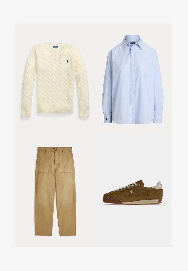 Jersey de punto grueso color crema con mangas largas, cuello en V y pequeño logo bordado en azul oscuro en el lado izquierdo del pecho.; Camisa azul claro de manga larga con botones, cuello puntiagudo y logo bordado en el puño izquierdo, mostrada sobre fondo blanco.; Pantalones beige de pierna recta con bolsillos parche delanteros, trabillas para cinturón y cierre con botón y cremallera.; Zapatilla de ante marrón con cordones crema, suela gruesa y un pequeño logo blanco bordado en el lateral.