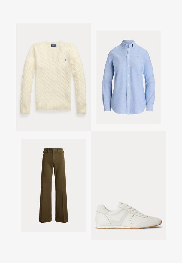 Pull torsadé couleur crème avec manches longues, col en V et petit logo brodé bleu foncé sur le côté gauche de la poitrine.; Chemise bleu clair à manches longues avec boutons, col boutonné et petit logo brodé sur la poitrine gauche.; Pantalon large vert olive avec passants de ceinture, bouton à l'avant et fermeture éclair, présenté sur un fond uni.; Baskets basses blanches avec laçage à l'avant, panneaux en daim et cuir, et une semelle en caoutchouc marron clair sur fond blanc.