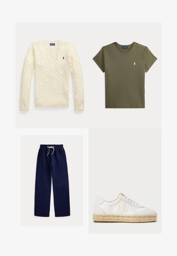 Crème kabelgebreide trui met lange mouwen, V-hals en klein donkerblauw geborduurd logo op de linkerborst.; Korte mouw olijfgroene T-shirt met ronde hals en klein wit Polo Ralph Lauren-logo op de linkerborst.; Donkerblauwe sweatpants met brede pijpen, elastische tailleband, wit trekkoord en klein rood geborduurd logo aan de rechterkant.; Witte canvas sneakers met een gestructureerde espadrille zool, geborduurd RL-logo aan de zijkant en traditionele ronde veters.