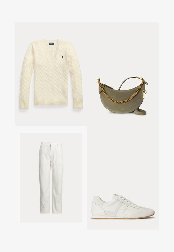 Pull torsadé couleur crème avec manches longues, col en V et petit logo brodé bleu foncé sur le côté gauche de la poitrine.; Pantalon blanc droit avec grandes poches plaquées devant, passants de ceinture et fermeture par bouton à la taille.; Baskets basses blanches avec laçage à l'avant, panneaux en daim et cuir, et une semelle en caoutchouc marron clair sur fond blanc.; Sac à main demi-lune en daim vert olive avec détail chaîne dorée, fermeture éclair dorée et petit charme cadenas doré sur fond uni.
