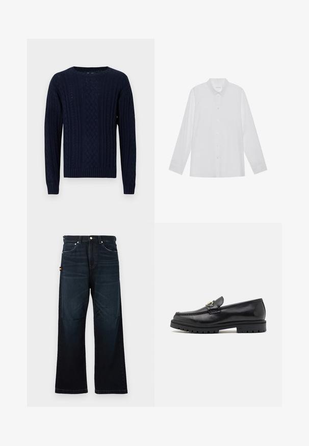 Pull en maille bleu marine avec un col rond, présentant un motif torsadé texturé, des bords côtelés et des manches longues.; Chemise blanche à manches longues en tissu lisse, dotée d'un col pointu, d'une fermeture à boutons sur le devant et de poignets à un bouton.; Jeans droit bleu foncé avec un design classique à cinq poches, passants de ceinture et légers détails décolorés à l'avant et aux genoux.; Mocassins en cuir noir avec une finition lisse, bout rond, une sangle décorative avec des accessoires en or, et une semelle noire robuste.