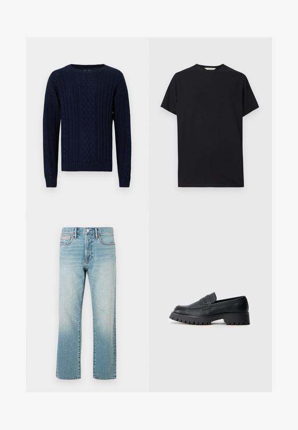 Pull en maille bleu marine avec un col rond, présentant un motif torsadé texturé, des bords côtelés et des manches longues.; T-shirt noir à manches courtes en tissu de coton doux. Col rond avec une coupe décontractée, présentant des lignes épurées et simples sans motifs visibles.; Jean droit en denim bleu clair avec un effet délavé et une petite zone usée. Comprend un design traditionnel à cinq poches et une taille mi-haute.; Mocassins en cuir noir avec un bout arrondi, présentant une sangle décorative et une semelle en caoutchouc épaisse avec de profonds crampons pour une meilleure adhérence.
