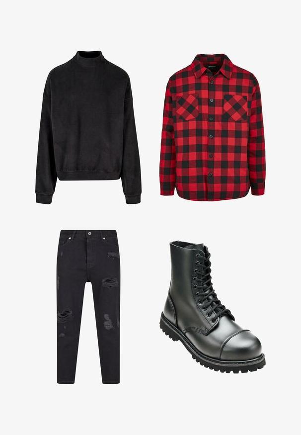 Sort sweatshirt med høj hals, lange ærmer og en afslappet pasform. Lavet af et blødt stof med en glat tekstur og ribbede manchetter.; Rød og sort ternet flanelskjorte med knaplukning, der har to brystlommer og krave. Fremstillet af tekstureret bomuldsstof.; Sorte denim jeans med slim fit, der har flere slidte områder og flossede kanter. Livvidde med bælteløkker og forlommer.; Sort læderkampstøvle med høj ankel, rund tå, snørebånd foran og robust gummisål med dybe mønstre for godt greb.