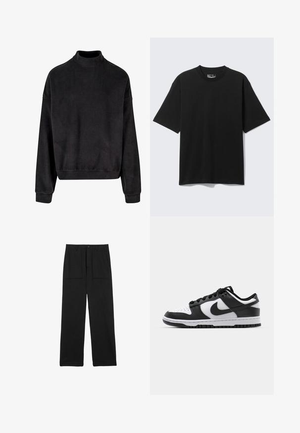 Sort sweatshirt med høj hals, lange ærmer og en afslappet pasform. Lavet af et blødt stof med en glat tekstur og ribbede manchetter.; Sort kortærmet afslappet bomulds-T-shirt med rund hals, vist mod en ensfarvet lys baggrund.; Sorte bukser med vide ben lavet af tekstureret stof med høj talje og to forlommer. Har en topknap og lynlåslukning.; Sort og hvid Nike Dunk sneakers med læderoverdel, perforeret tå, sorte snørebånd og en sort gummisål med slidbanedesign.