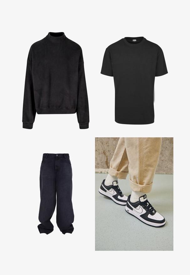 Sweat-shirt noir avec un col montant, des manches longues et une coupe décontractée. Fabriqué dans un tissu doux avec une texture lisse et des poignets à rayures.; T-shirt en coton noir à manches courtes, col rond et coupe standard. Le tissu semble lisse et sans décoration.; Jeans baggy noirs oversize avec fermeture avant à boutons et fermeture éclair, poches avant et jambes larges et amples.; Baskets Nike Air Force 1 en noir et blanc avec un dessus en cuir, orteil perforé et détail de semelle texturée, portées avec un pantalon beige retroussé et des chaussettes blanches.