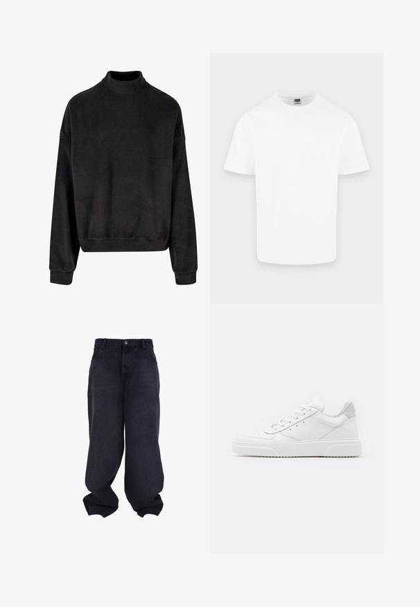 Sort sweatshirt med høj hals, lange ærmer og en afslappet pasform. Lavet af et blødt stof med en glat tekstur og ribbede manchetter.; Enkelt hvid kortærmet T-shirt med rund hals i bomuld vist på en lys grå baggrund.; Sorte oversized løstsiddende jeans med knap- og lynlåsfrontlukning, forlommer og løse, brede ben.; Hvide lædersneakers med en glat finish, rund tå, flade snørebånd og en struktureret sål. Grå ruskindsdetalje ved hælen.