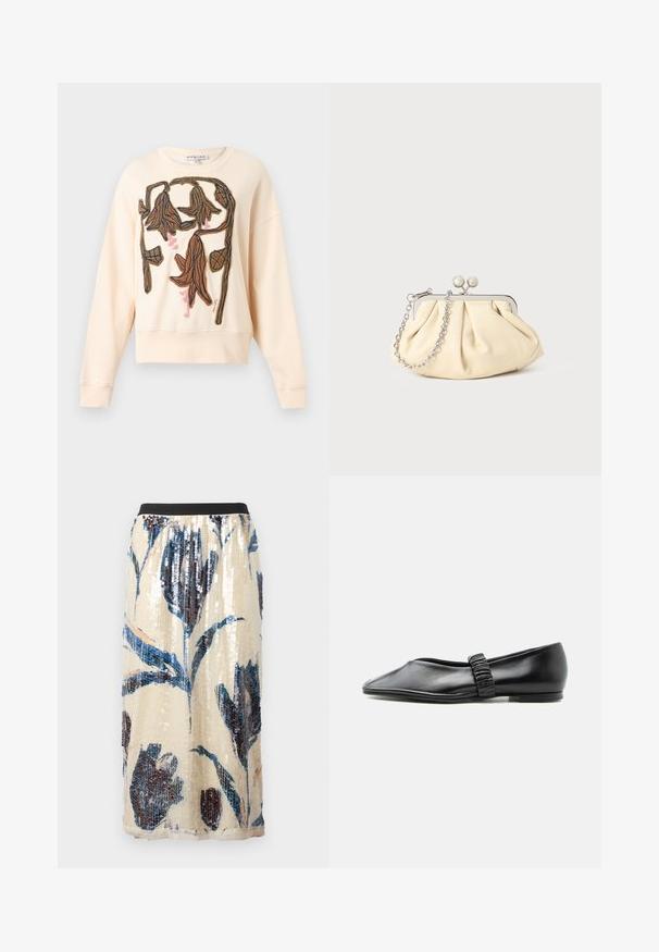Sweat crème avec motif floral abstrait brodé marron et rose texturé sur le devant, manches longues et col rond.; Jupe midi beige avec taille élastique noire, grand motif floral bleu et sombre pailleté.; Chaussure plate en cuir noir avec une bride froncée sur le dessus et un bout légèrement pointu, présentée sur un fond uni.; Pochette en cuir beige plissé avec un cadre en métal argenté, dotée de deux fermoirs ronds décoratifs et d'une chaîne en argent.