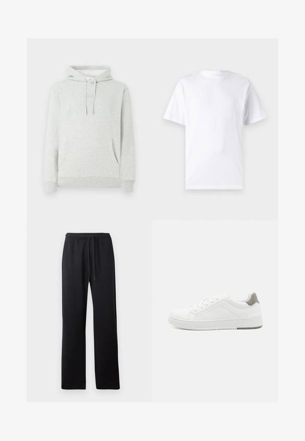 Sweat à capuche gris clair avec cordon de serrage, poche avant, manches et ourlet côtelés, avec un logo subtil embossé sur la poitrine.; T-shirt blanc à manches courtes en coton avec un col rond, présentant une texture lisse et un design simple, sans motifs ni accents.; Abercrombie & Fitch ESSENTIAL BAGGY OPEN HEM CASUAL - Pantalon de survêtement - black; Basket blanche en cuir lisse, à bout arrondi, design minimaliste, accent de talon gris et semelle en caoutchouc texturé.