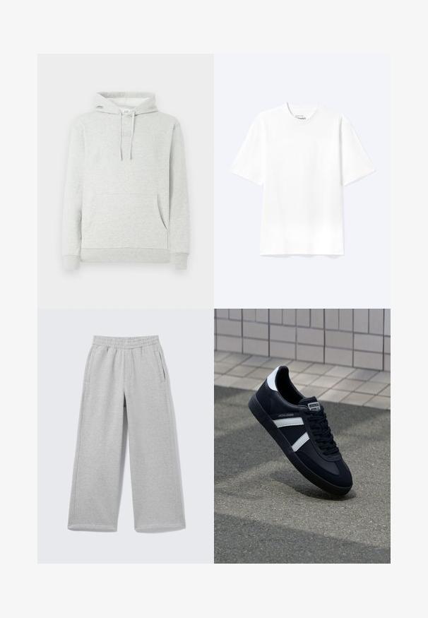 Lys grå hættetrøje med snøre i hætten, forlommer, ribbede manchetter og kant, samt et diskret logo præget på brystet.; Enkel hvid T-shirt med korte ærmer og rund hals med afslappet pasform, vist på en lys baggrund.; Lysegrå sweatpants med vide ben, elastisk linning og sidelommer vist på en ensfarvet baggrund.; Sort lædersneaker med hvide striber, tekstureret gummisål og snørrebånd foran. Har et brandet mærke på tungen.