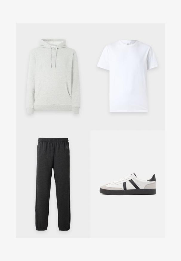 Lys grå hættetrøje med snøre i hætten, forlommer, ribbede manchetter og kant, samt et diskret logo præget på brystet.; Hvid bomulds t-shirt med rund halsudskæring og korte ærmer. Enkel design uden mønstre eller grafik, med GAP branding på kraven.; Grå sweatpants lavet af blødt stof, med elastisk talje og indsnævrede ben med elastiske manchetter. Subtilt logo detalje på det ene ben.; Hvide sneakers med sorte og grå detaljer, med en tekstureret grå tåhætte, sort gummisål og flade hvide snørebånd. Rent design, minimalistisk stil.