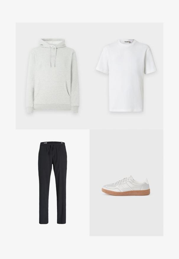 Lichtgrijze hoodie met een trekkoordkap, voorzak, ribgebreide manchetten en zoom, met een subtiele logo-embossing op de borst.; Wit T-shirt met korte mouwen, wafelstructuur en ronde hals, met een klein merkembleem aan de binnenkant van de kraag, afgebeeld op een effen achtergrond.; Zwarte casual broek met elastische tailleband en trekkoord, rechte pijp, gemaakt van zachte stof, weergegeven op een witte achtergrond.; Zilveren sneakers met een gladde textuur, vetersluiting, geperforeerde accenten en een gestructureerde bruine rubberen zool.