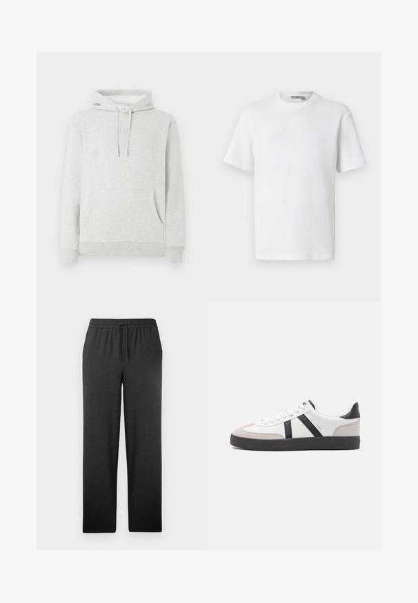 Sweat à capuche gris clair avec cordon de serrage, poche avant, manches et ourlet côtelés, avec un logo subtil embossé sur la poitrine.; T-shirt blanc à manches courtes en maille gaufrée avec col rond, petite étiquette de marque à l'intérieur du col, présenté sur un fond uni.; Pantalons noirs à taille élastique avec cordon de serrage. Fabriqués en tissu doux, ils ont une coupe droite et une texture minimale. Aucun poche visible.; Baskets blanches avec des accents noirs et gris, présentant un embout texturé gris, une semelle en caoutchouc noir et des lacets plats blancs. Design épuré, style minimaliste.