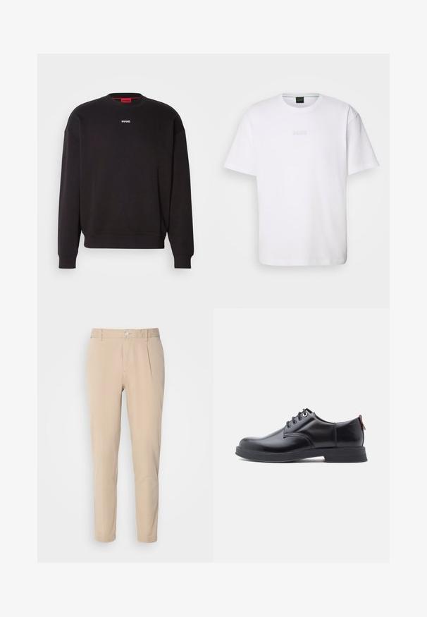 Sweatshirt noir en mélange de coton, avec un col rond, des épaules tombantes et un petit logo blanc "HUGO" sur la poitrine.; T-shirt en coton blanc à manches courtes, col rond, avec un logo « BOSS » en relief sur la poitrine. Texture lisse, coupe standard.; Pantalon beige à coupe slim, fabriqué en tissu tissé. Équipé d'une fermeture à un bouton, d'un devant plissé et de jambes droites.; Chaussures en cuir noir à lacets avec une texture lisse, un bout arrondi et des détails de couture discrets. Présentent une languette rouge à l'arrière.
