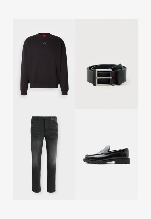 Sweatshirt noir en mélange de coton, avec un col rond, des épaules tombantes et un petit logo blanc "HUGO" sur la poitrine.; Jean skinny noir avec des détails délavés, style cinq poches et fermeture par bouton à la taille.; Mocassin en cuir noir avec semelle en caoutchouc épaisse, dessus cousu et nom de marque embossé sur le talon, présenté de profil sur fond blanc.; Ceinture en cuir noir enroulée avec une boucle métallique rectangulaire argentée et un détail de couture rouge près de la boucle.