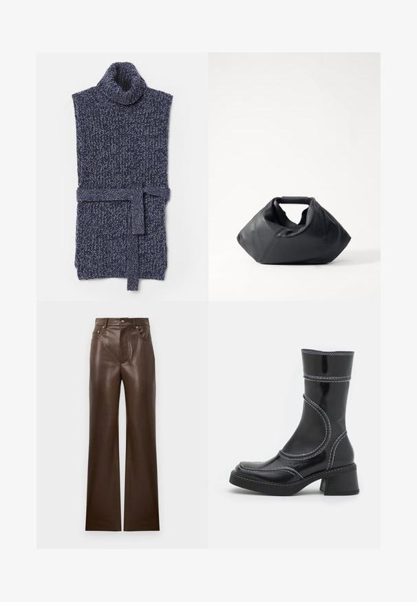 Strikket turtleneck vest i mørkeblå med en tyk tekstur. Har en taljeelastik og et ribbet mønster. Åbne ærmer og et hyggeligt udseende.; Brune læderflarede bukser med en glat tekstur, fem-lomme design, lynlås foran og metalknaplukning, der har en høj talje.; Sort patenteret læder ankelstøvle med hvid stikning, rund tå og blokhæl. Har buede designlinjer og en glat tekstur.; Sort lædertaske med en struktureret overflade, unik krøllet form og et kort håndtag. Har et enkelt hovedrum.