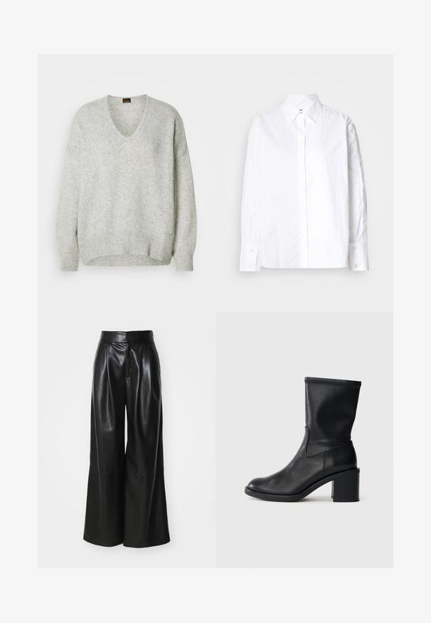 Suéter gris de punto con cuello en V, dobladillo acanalado y corte holgado. Presenta patrones sutiles y una textura suave. Etiqueta de marca visible.; Camisa blanca de botón con cuello clásico, mangas largas y puños abotonados. Fabricada con una tela suave, presenta una tapeta en el centro delantero.; Pantalones de cuero sintético negros de pierna ancha con una cintura alta, frente plisado y textura suave. Presenta un diseño limpio y minimalista.; Botín negro de cuero hasta el tobillo con punta redonda, textura suave y tacón grueso, que presenta un eje ajustado y un sutil detalle de costura.
