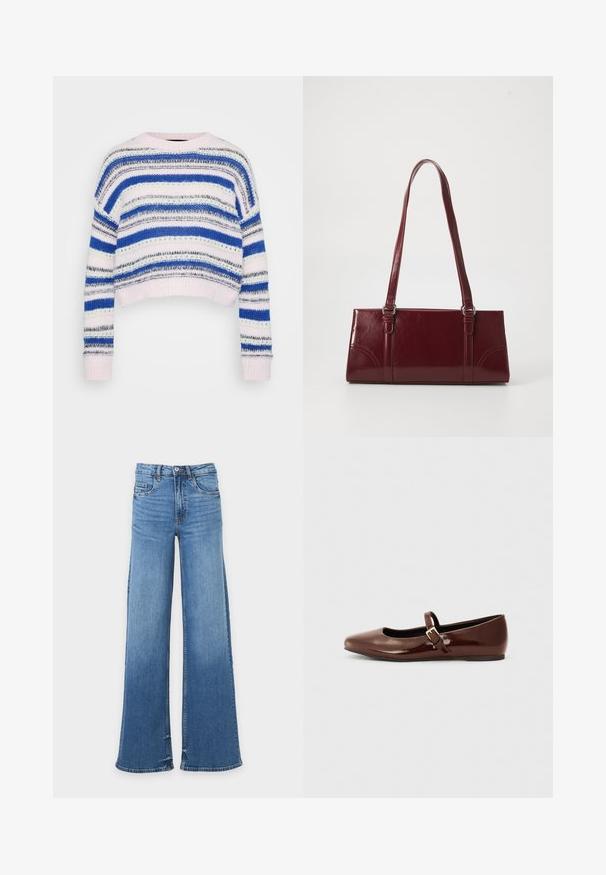 Gestreifter Pullover in Blau, Weiß und Grau mit einem verkürzten Design; verfügt über gerippte Ärmelbündchen und Saum; aus weichem Strickmaterial hergestellt.; Blaue High-Waist-Denim-Jeans mit weitem Bein, vorderer Knopf- und Reißverschluss und Fünf-Taschen-Design auf einfarbigem Hintergrund.; Braune Lackleder-Ballerinas mit quadratischer Zehenform und Riemen mit einer kleinen goldenen Schnalle. Glatte Textur, niedriger Absatz und minimalistisches Design.; Burgunderfarbene Handtasche aus glänzendem Material, rechteckige Form, mit zwei Schulterriemen und subtilen, geschwungenen Akzenten an der Vorderseite.