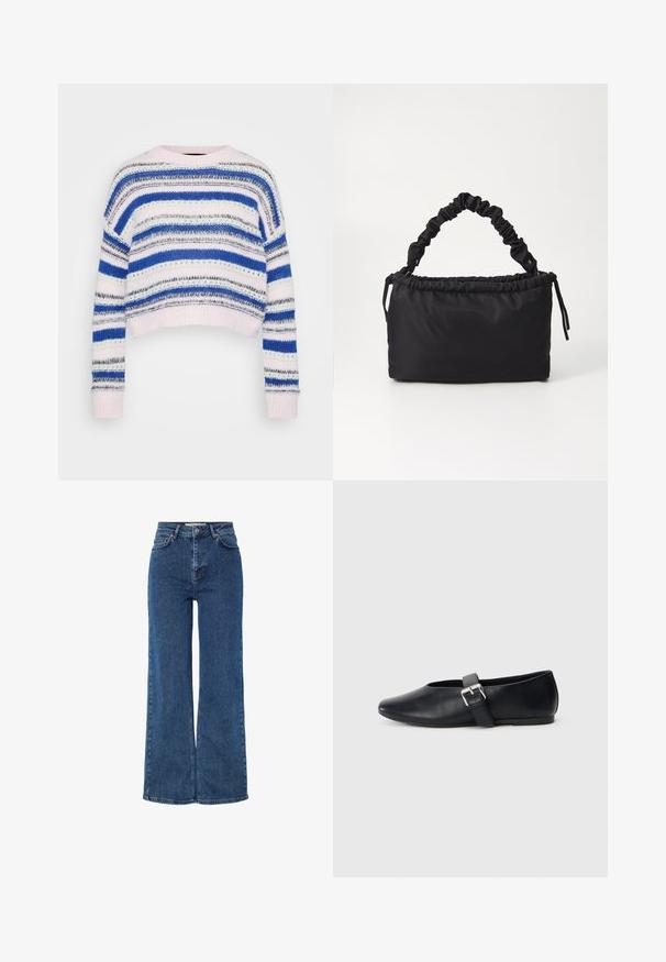 Rinnatud sinine, valge ja halliga pullover, millel on lühike disain; varrukate ja äärte ribatooted; valmistatud pehmest kudumismaterjalist.; Kõrge vöökohaga sinised denim püksid laiade jalgadega, traditsioonilise viie tasku disainiga, metallist nupuga kinnitamine ja kontrastselt õmmeldud detailidega.; Mustad musta nahast lamejalatsid, ümarate varvastega disain, külgse rihmaga ja siledast tekstuurist. Madal profiil, et kergesti jalga panna.; Must värvitud must kott, mis on valmistatud pehmest ja siledast kangast. Omab kokku tõmmatud käepidet ja nööriga sulgemist, on ristküliku kujuga ning sellel pole nähtavat metallist osade.