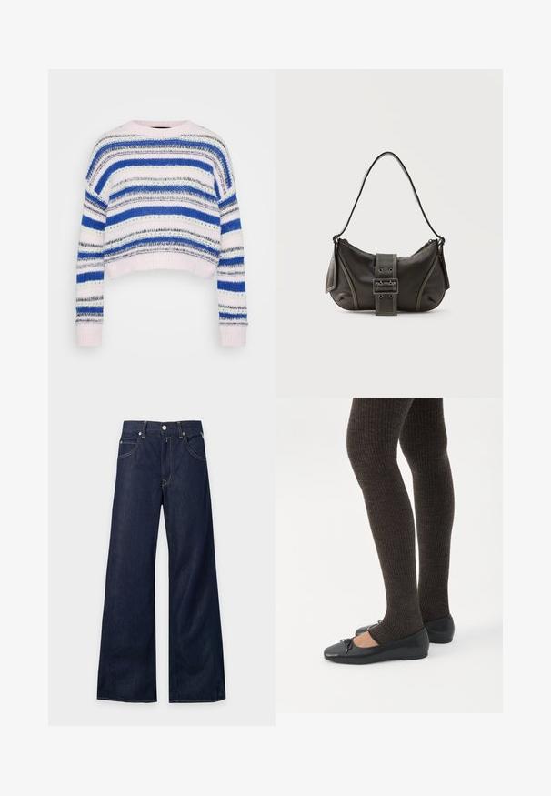 Stribet pullover i blå, hvid og grå med et cropped design; har ribbede manchetter og kant; lavet af blødt strikmateriale.; Mørkeblå vidde denimjeans med forlommer, bæltestropper og knaplukning.; Ben iført mørke ribbede leggings kombineret med sorte balletsko med små sløjfedetaljer på hvid baggrund.; Sort læder skuldertaske med spænde på remmen, afrundede kanter og kontrasterende hvide syninger på en ensfarvet baggrund.