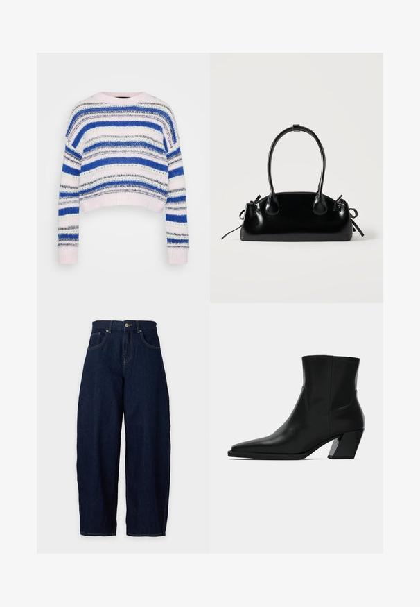 Gestreifter Pullover in Blau, Weiß und Grau mit einem verkürzten Design; verfügt über gerippte Ärmelbündchen und Saum; aus weichem Strickmaterial hergestellt.; Dunkelblaue Jeans mit weitem Bein, mit vorderer Knopf- und Reißverschluss, Gürtelschlaufen und Vordertaschen vor hellem Hintergrund.; Schwarze Leder-Stiefelette mit spitzem Zeh, schlanker Silhouette und klobigem quadratischem Absatz. Glatte Textur mit minimalen Nähdetails.; Kleine schwarze glänzende Handtasche mit zwei langen Griffen und seitlichen Kordelzug-Details vor einfachem hellem Hintergrund.