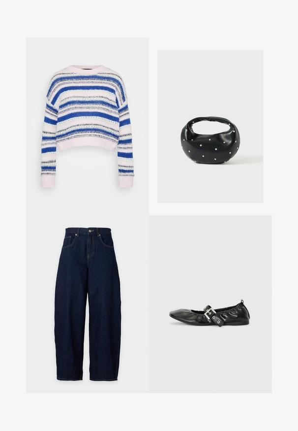 Sudadera a rayas en azul, blanco y gris con un diseño cropped; cuenta con puños y dobladillo acanalados; fabricada en material de punto suave.; Vaqueros de mezclilla azul oscuro con pernera ancha, cierre frontal con botón y cremallera, trabillas para cinturón y bolsillos delanteros sobre un fondo claro.; Zapato plano de piel negra con puntera afilada, detalle fruncido alrededor de la abertura y un acento de hebilla plateada en la correa ajustable.; Bolso de mano de cuero negro con forma redondeada, decorado con detalles de tachuelas plateadas y un asa corta. Textura lisa y cierre con cremallera.