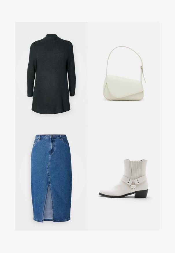 Túnica de punto acanalado de color verde oscuro, de manga larga y con un cuello alto, con un corte relajado. Presenta un dobladillo recto y aberturas laterales en la parte inferior.; Falda de mezclilla en azul medio con una abertura frontal, cintura alta, cinco bolsillos y trabillas para cinturón. La tela tiene un acabado texturizado.; Botín de cuero blanco hasta el tobillo con punta ligeramente afilada, detalle fruncido en la parte posterior y una amplia correa con herraje de hebilla alrededor del tobillo.; Bolso de mano de imitación cuero blanco con una forma triangular estructurada, correa ajustable única y cierre con solapa acentuada en curva.