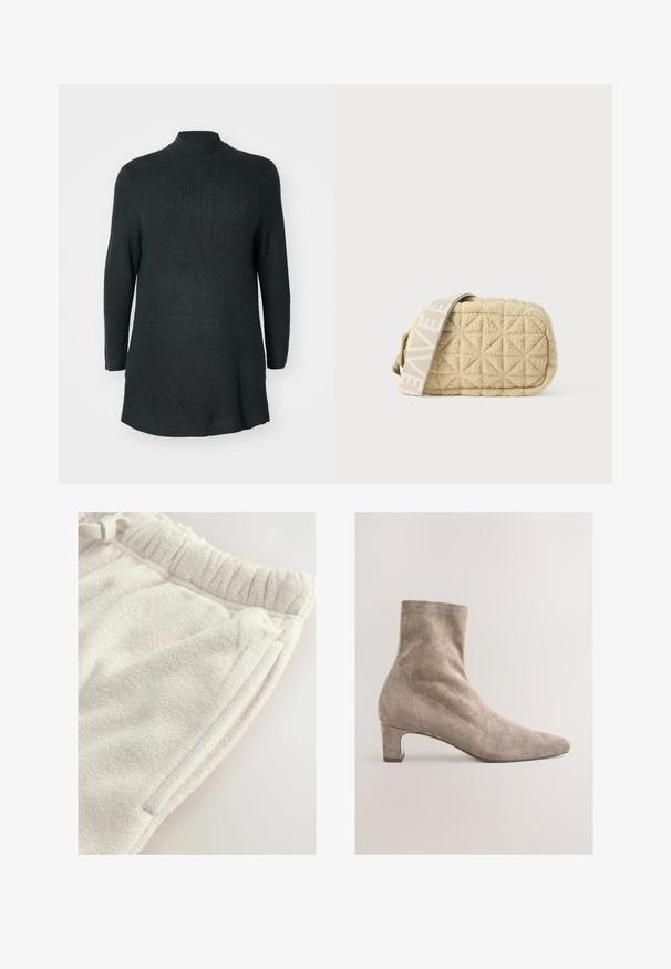 Dunkelgrünes, geripptes Strick-Tunika mit langen Ärmeln, hohem Kragen und lässiger Passform. Mit geradem Saum und seitlichen Schlitzen am unteren Ende.; Cremefarbene Fleece-Sweatpants mit elastischem Bund und sichtbarem Seitentasche auf einem schlichten hellen Hintergrund.; Beiger Wildleder-Stiefelette mit spitzer Zehenpartie und Blockabsatz. Verfügt über eine glatte Textur und minimalistisches Design mit dezenten Nahtdetails.; Gepolsterte beige Tasche in rechteckiger Form mit einem gemusterten, hellen Gurt. Hergestellt aus weichem Material mit Rautenmuster-Akzenten.
