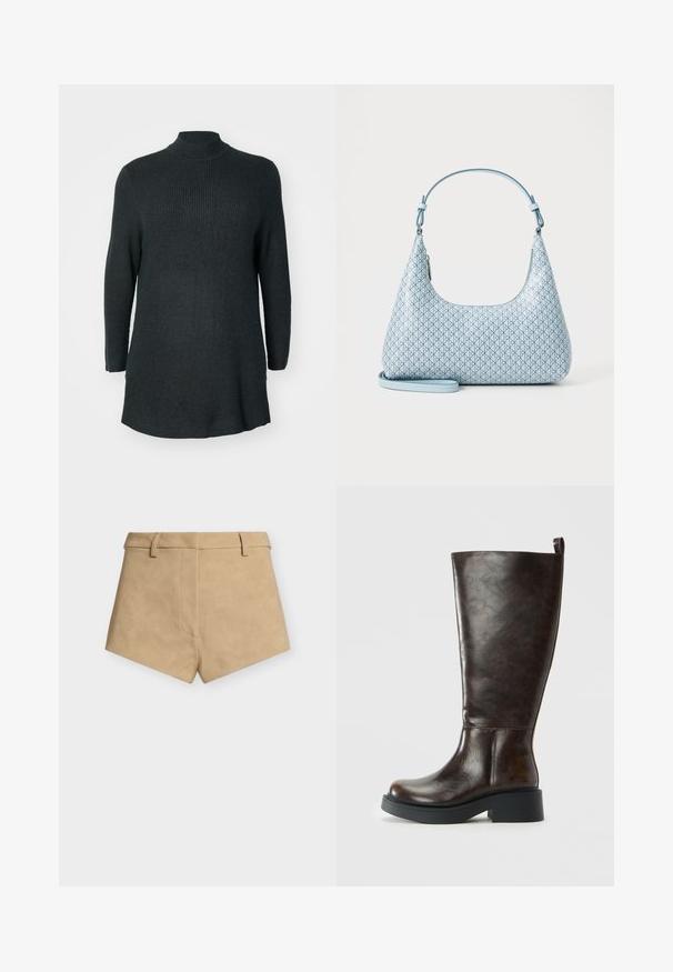 Donkergroene, geribbelde gebreide langemouwen tuniek met een hoge halslijn en een relaxte pasvorm. Beschikt over een rechte zoom en zijsplitten aan de onderkant.; Beige shorts met hoge taille, riemlussen, een voornaad en een licht schuin aflopende zoom op een effen lichtgrijze achtergrond.; Donkerbruine leren kniehoog laars met een ronde neus, stevige zwarte zool, lage blokhak en een trekknoop aan de bovenkant achter.; Lichtblauwe handtas met een gladde, gestructureerde afwerking, voorzien van een geometrisch patroon van kleine diamanten en een afneembare schouderband voor veelzijdigheid.