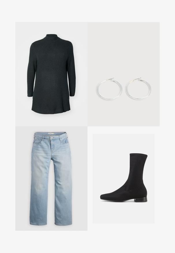 Donkergroene, geribbelde gebreide langemouwen tuniek met een hoge halslijn en een relaxte pasvorm. Beschikt over een rechte zoom en zijsplitten aan de onderkant.; Lichtblauwe wijde jeans van denim. Heeft een hoge taille, vijf zakken en contrasterende stiksels. Gladde textuur met een vervaagde afwerking.; Zwarte enkellaars met een glad, rekbaar stoffen bovenwerk en een lage gestapelde hak. Heeft een puntige neus en een naadloos ontwerp.; Een paar glanzende zilveren oorringen met dunne draadafsluitingen, getoond op een lichtgrijze achtergrond.