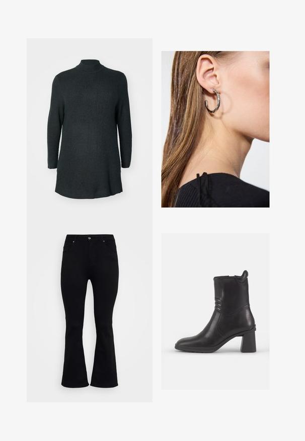 Dunkelgrünes, geripptes Strick-Tunika mit langen Ärmeln, hohem Kragen und lässiger Passform. Mit geradem Saum und seitlichen Schlitzen am unteren Ende.; ONLY Carmakoma Flared fit CARWILLY High waist - Flared Jeans - black denim; Schwarze Leder-Stiefelette mit runder Zehe, strukturierten Seitenpaneelen und einem klobigen Blockabsatz. Glatte Oberfläche und minimalistisches Design.; Silberne Creolen mit polierter Oberfläche, die kleine goldene Akzentdetails und eine runde Form aufweisen, am Ohrläppchen getragen.