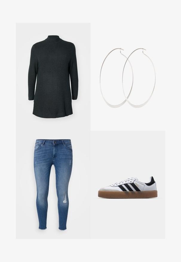 Donkergroene, geribbelde gebreide langemouwen tuniek met een hoge halslijn en een relaxte pasvorm. Beschikt over een rechte zoom en zijsplitten aan de onderkant.; Skinny jeans van blauwe denim, met verwerkte details aan de voorkant, vervaagde secties en een rafelige zoom bij de enkels.; Witte leren sneakers met zwarte strepen, gumrubberen buitenzool, ronde neus, vetersluiting en een zachte grijze suède neuskap.; Zilveren oorringen met een dun, glad ontwerp; langwerpige ovale vorm; gepolijste afwerking; voorzien van een veilige haaksluiting.