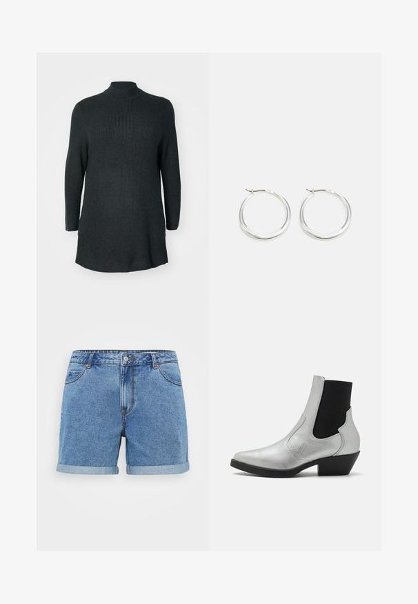 Túnica de punto acanalado de color verde oscuro, de manga larga y con un cuello alto, con un corte relajado. Presenta un dobladillo recto y aberturas laterales en la parte inferior.; Pantalones cortos de mezclilla en azul claro, con dobladillo enrollado, diseño de cinco bolsillos, cierre de botón y detalles de costura. Fabricados en tela de algodón.; ONLY SHOES ONLBRONCO SHORT - Botines camperos - silver; Los pendientes de aro de plata presentan un diseño suave y redondeado con un perfil delgado y un cierre seguro. Estilo minimalista con un acabado pulido.