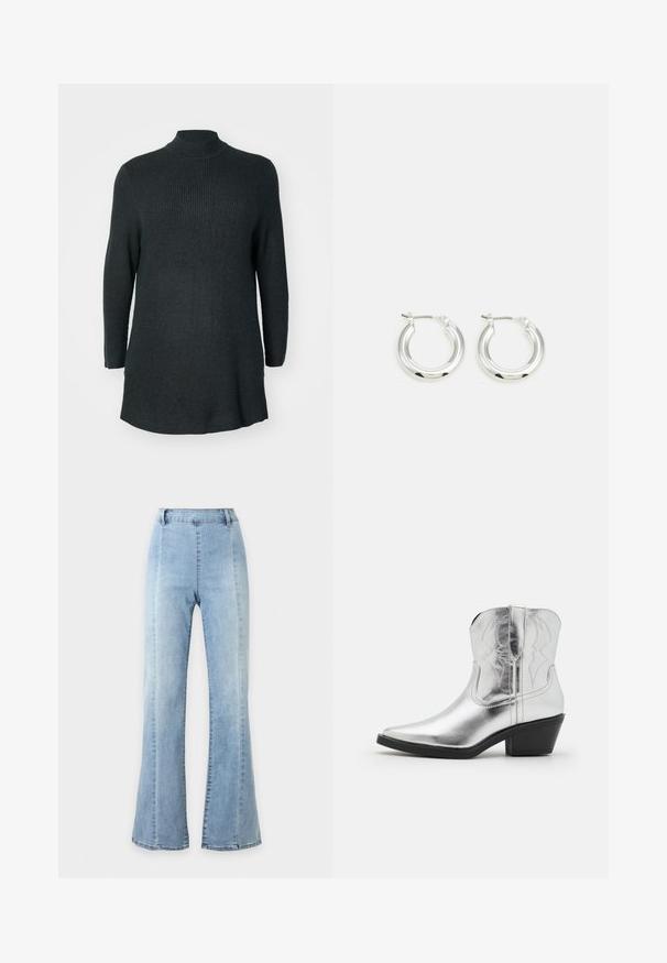 Mørkegrøn, ribbet strik tunika med lange ærmer, høj halsudskæring og relaxed fit. Har en lige kant og sideslidser forneden.; Lyseblå denim jeans med høj talje og vidde i benene, med enkelt design og bæltestropper, vist mod en ensfarvet hvid baggrund.; Sølvfarvede læder cowboy-støvler med spidse tæer, syede detaljer på skaftet og en moderat sort hæl. Glat og skinnende overflade.; Sølv hoop-øreringe med en poleret finish, der har en cirkulær form og en hængslet lukning. Glat tekstur med minimal detaljering.