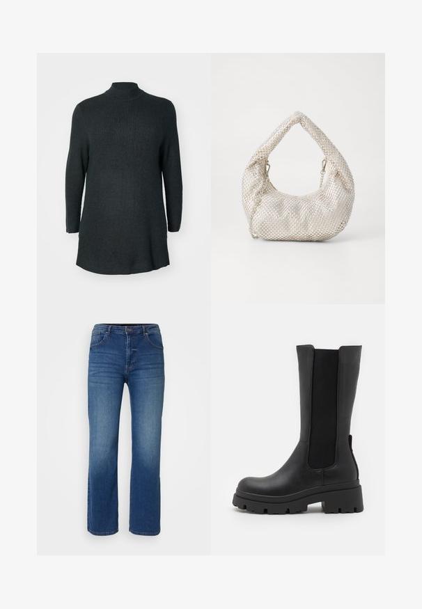 Mørkegrøn, ribbet strik tunika med lange ærmer, høj halsudskæring og relaxed fit. Har en lige kant og sideslidser forneden.; Mørkeblå denim jeans med lige ben-design, fem lommestil og en knap- og lynlåslukning. Glat tekstur med minimal falming.; ONLY SHOES ONLDOJA - Plateaustøvler - black; Sølv mesh håndtaske med en rund form, tekstureret overflade og en buet håndtag. Har kæde detaljer og en blød, sammenfoldet krop.